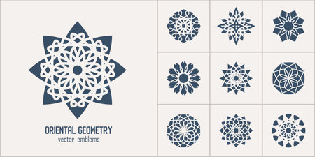 Arabic circular geometric symbols set. Vector monochrome mosaic oriental ornamental emblemsのイラスト素材