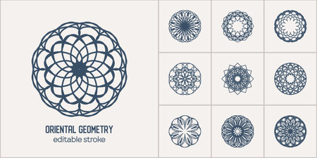 Arabic circular geometric symbols set. Vector linear mosaic oriental ornamental emblemsのイラスト素材