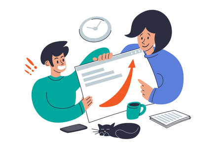 Project presentation concept. Young man and woman presenting website interface design or digital online product. Vector flat illustration isolated on white backgroundのイラスト素材