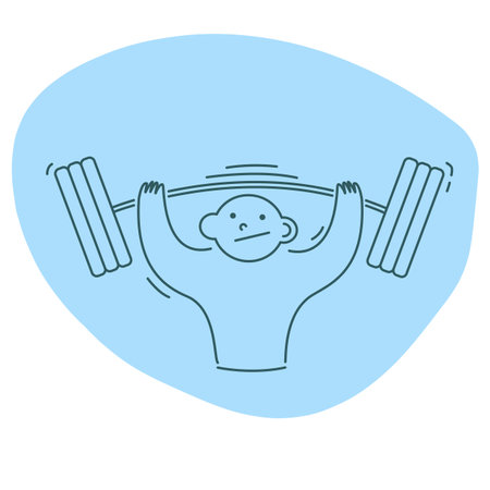 Man lifts a barbell. Funny character design. Vector illustration in trendy linear cartoon styleのイラスト素材