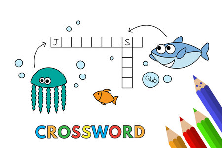 Cute animals crossword with shark, fish and jellyfish. Vector illustration for children educationのイラスト素材