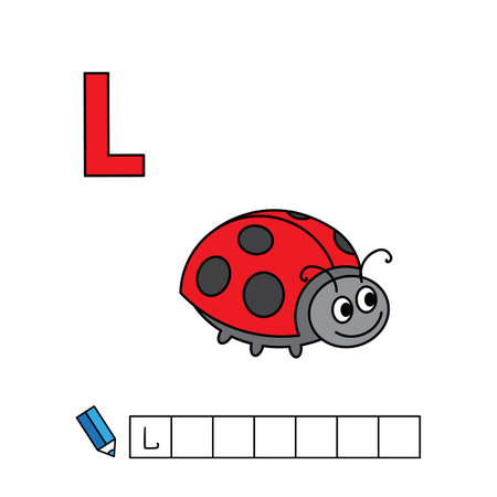 Alphabet with cute cartoon animals isolated on white background. Learning to write game for children education. Vector illustration of ladybug and letter Lのイラスト素材