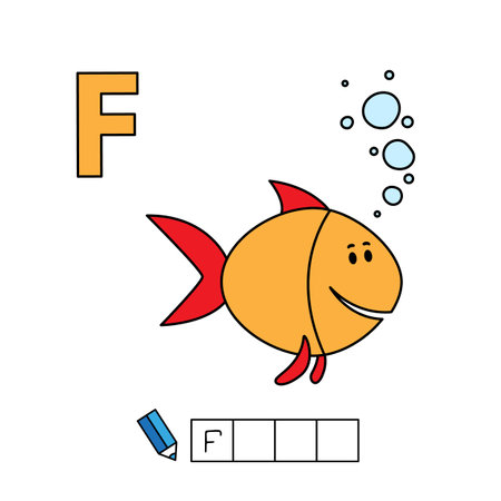Alphabet with cute cartoon animals isolated on white background. Learning to write game for children education. Vector illustration of fish and letter Fのイラスト素材