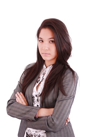 confident business executive woman of Asian, half length closeup portrait on white backgroundの写真素材