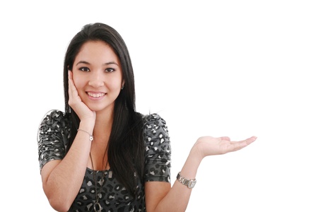 woman with her hand open to show a product, isolated on white の写真素材