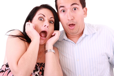 young adult couple in cinema movie theater scared while watching horror film. の写真素材