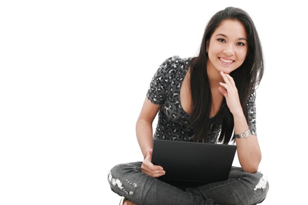 happy young beautiful woman with laptop の写真素材