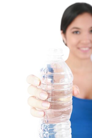 beautiful woman with bottle of water over white の写真素材