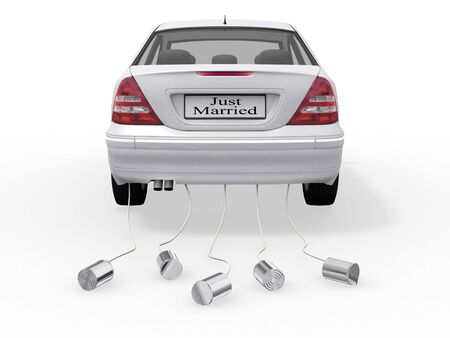 Just married on car driving to their honeymoon の写真素材