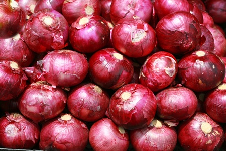 Harvested Red Onions in backgroundの写真素材