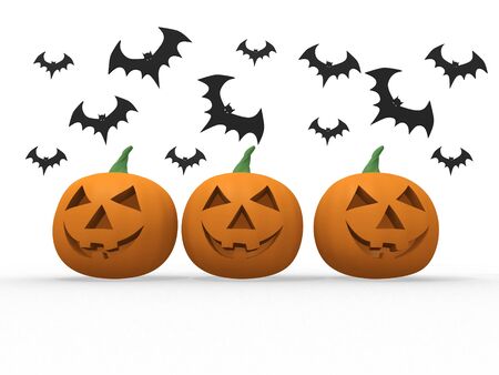 Halloween pumpkin & bats on white background の写真素材