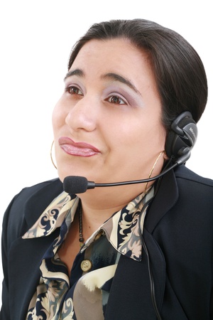Bored customer service operator on a white background の写真素材