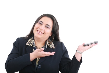 business woman presenting something on hand isolated on white の写真素材