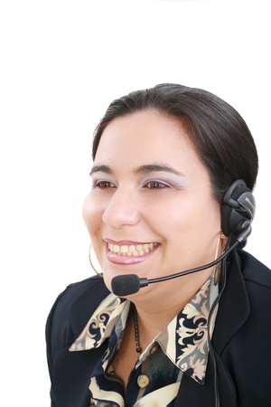 Close-up portrait of a customer service agent, isolated on white の写真素材