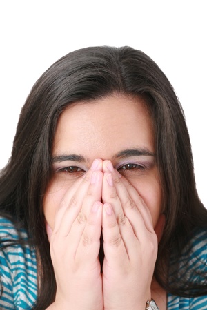 Depressed, sad woman on white background の写真素材