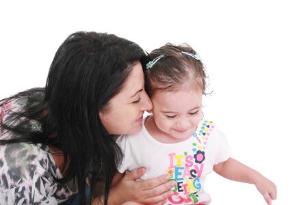 Portrait of family, mom and daughter playing at home の写真素材