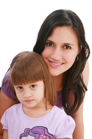 Beautiful happy mom with her daughter isolated on white の写真素材