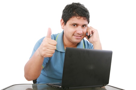 smart guy with a laptop isolated on white の写真素材