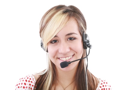 Beautiful business woman with headset. Call center. Customer support. Helpdesk. の写真素材
