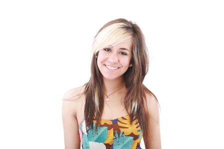 Portrait of a beautiful teenager girl with long  hairs - isolated on white の写真素材