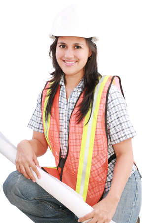 Young woman engineers and architects isolated over white の写真素材