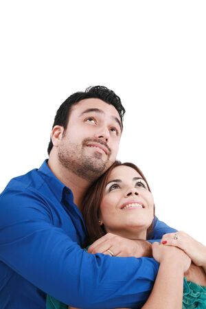 Closeup portrait of a happy  couple looking at something interesting の写真素材