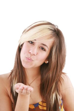 Slim woman showing kiss sign. Isolated on white. の写真素材