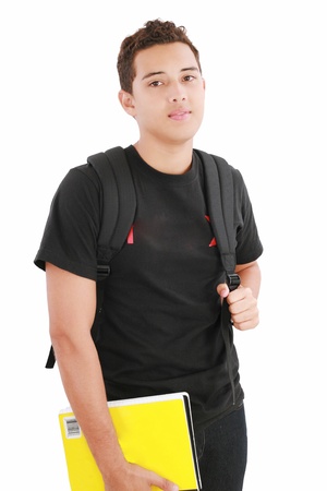 attractive boy student standing with school backpack a over white backgroundの写真素材