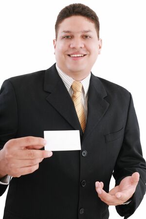 young attractive businessman shows his business card, focus in man, white empty copy spaceの写真素材