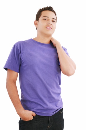 Handsome teenager boy, casual dressed. Studio shot, white backgroundの写真素材