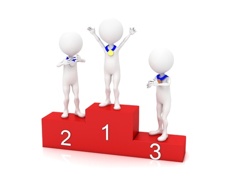 Three people in the winners podium. Second Place. First Place. Third Placeの写真素材