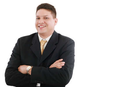 Portrait of happy smiling young businessman, isolated on white backgroundの写真素材