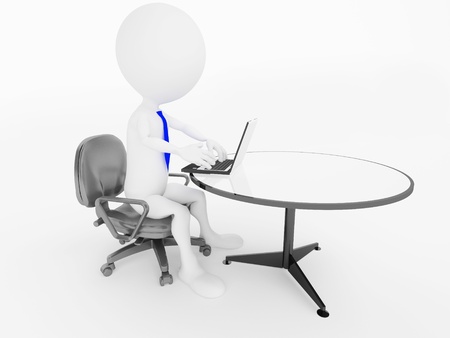 3d business man character sitting in office chair with laptop at desk 
の写真素材