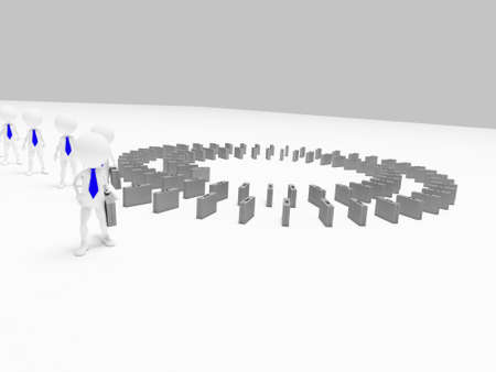 3d businessmen picking up briefcases arranged in a spiralの写真素材