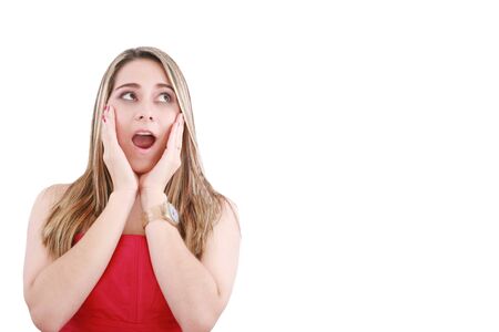 bright picture of surprised woman face over white 
の写真素材