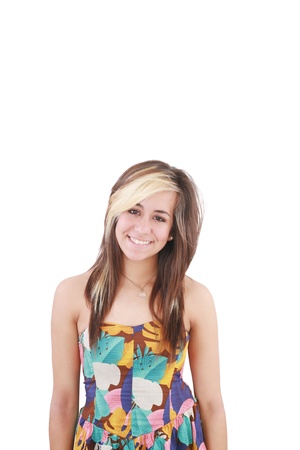 portrait of attractive smile teenage girl with white teeth, brown long hair, isolated over white background concept of happy student, young pretty woman の写真素材