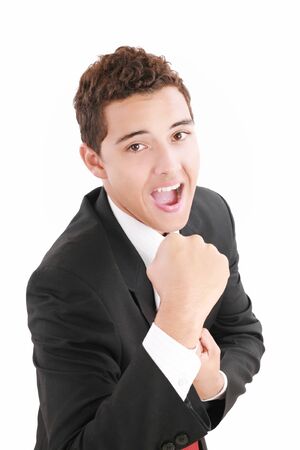 Very happy successful gesturing businessman, isolated on white 
の写真素材