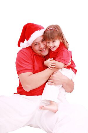 girl posing with her father on an isolated white background の写真素材