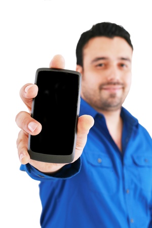 businessman with cellphone, isolated on white, focus on handの写真素材