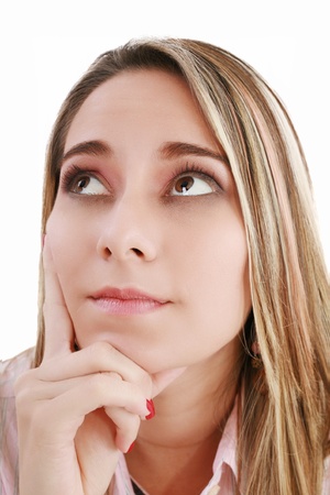 A thinking woman, isolated on whiteの写真素材