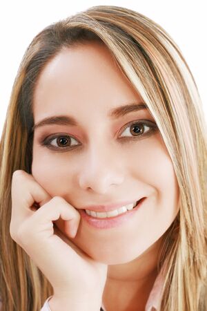 Beautiful woman portrait smiling - isolated over a white background 
の写真素材