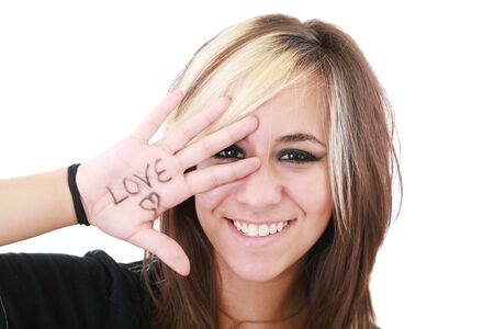Happy teenager girl, white background isolated の写真素材