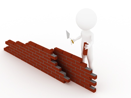 3d man in a hardhat building brick wall の写真素材