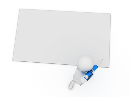 little 3d character write a card with big pen isolated on white の写真素材