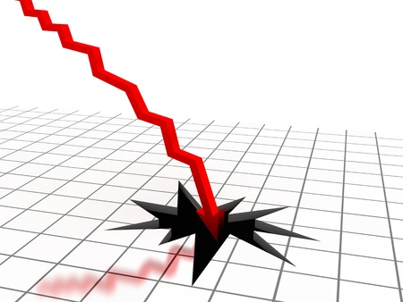 Red arrow breaking floor. Concept of bankruptcy, financial collapse, depression, failure, money crisis. Computer generated image.の写真素材