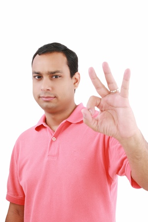 Happy handsome smiling man. Isolated over white background. Focus on man
の写真素材