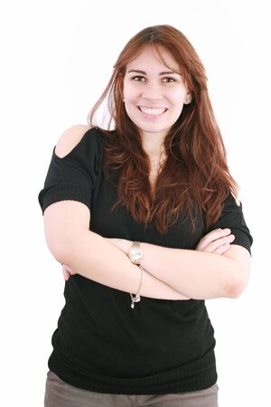 Portrait of beautiful businesswoman smiling isolated over white background の写真素材