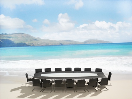 3D rendering of a Meeting table and chairs in the water of a Caribbean beach の写真素材