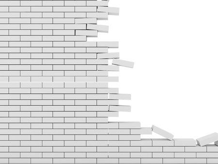Broken Brick Wall isolated on white background の写真素材