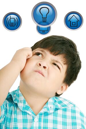 Little boy thinking isolated on white background の写真素材